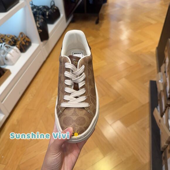 NEW COACH Women's High Line Sneaker In Signature Canvas CW970 Brown Khaki - Picture 2 of 9